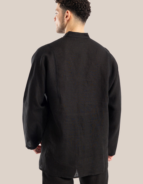 Linen shirt with button down and stand up collar