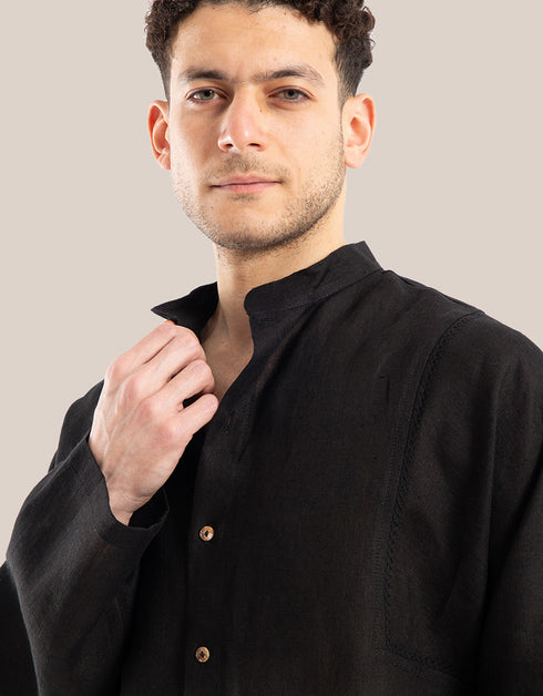 Linen shirt with button down and stand up collar