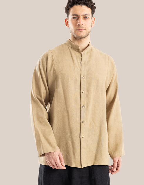Linen shirt with button down and stand up collar