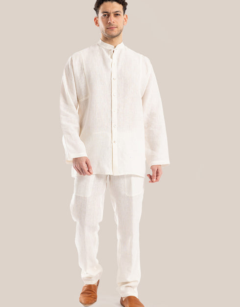 Linen shirt with button down and stand up collar