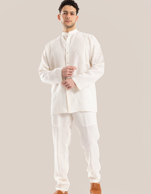 Linen shirt with button down and stand up collar