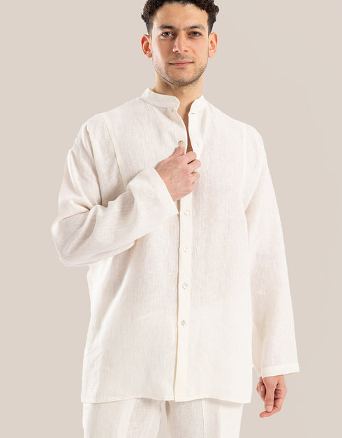 Linen shirt with button down and stand up collar