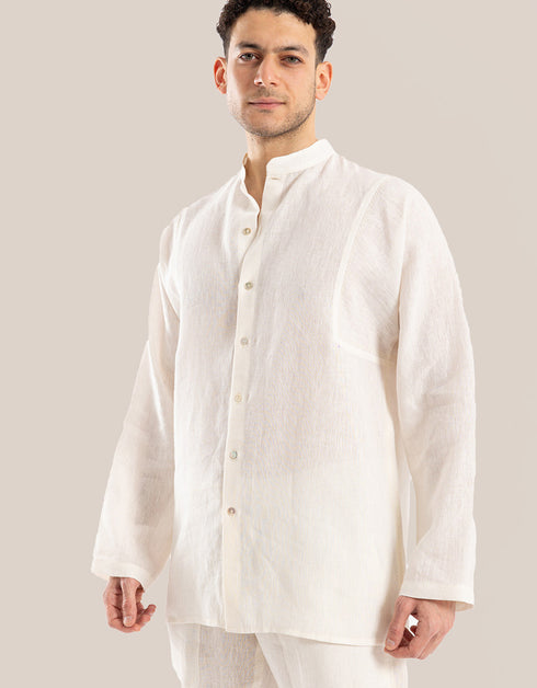 Linen shirt with button down and stand up collar