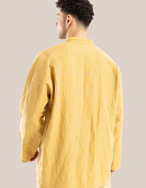 Shirt with decorative stitches and a high round collar