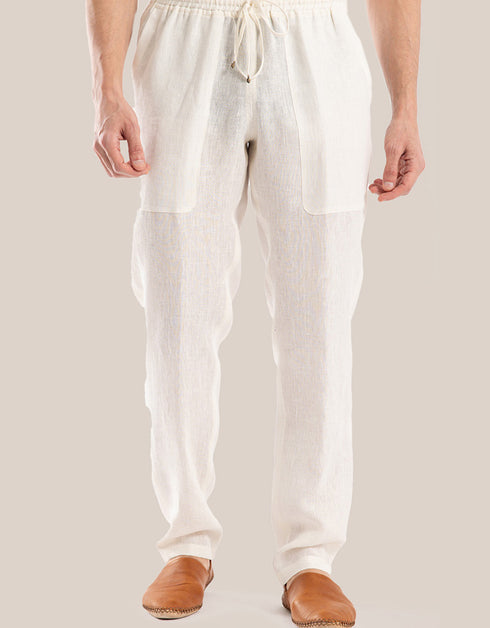 سراويل كتان بساق مستقيمة مع خصر مرن