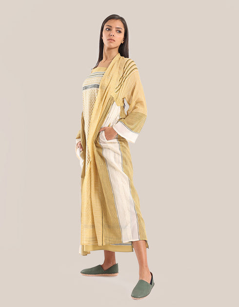 Printed long coat with shawl collar