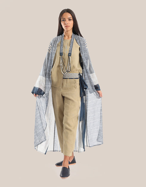 Printed long coat with shawl collar