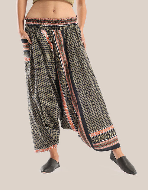 Harem pants with a wide elastic waistband