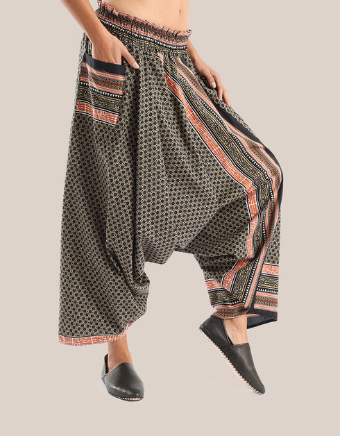 Harem pants with a wide elastic waistband