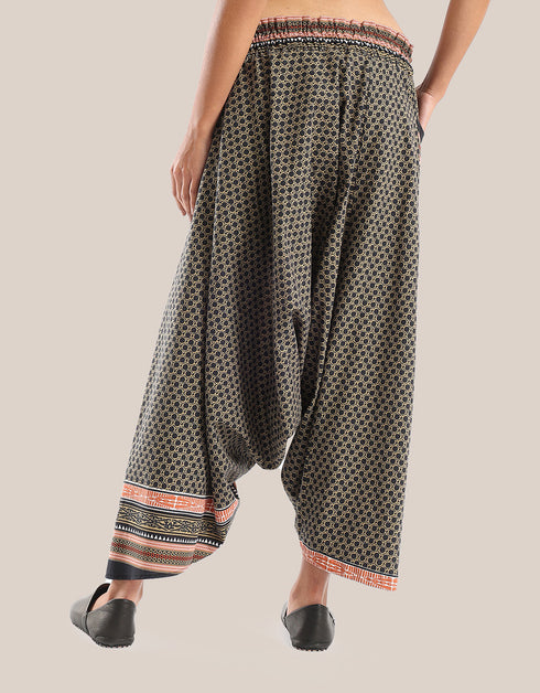 Harem pants with a wide elastic waistband