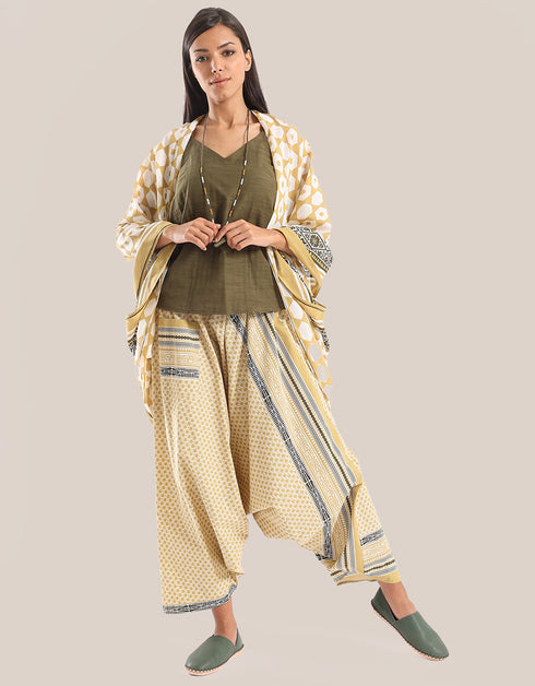 Harem pants with a wide elastic waistband