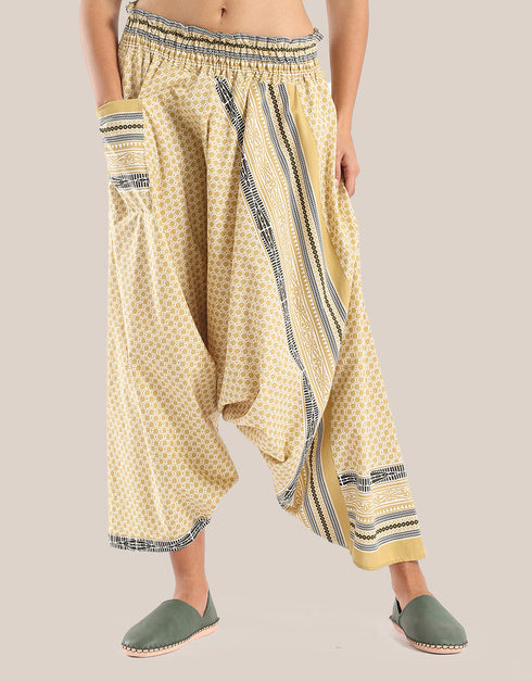 Harem pants with a wide elastic waistband