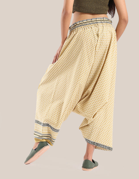 Harem pants with a wide elastic waistband
