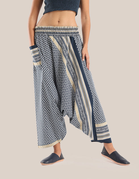 Harem pants with a wide elastic waistband