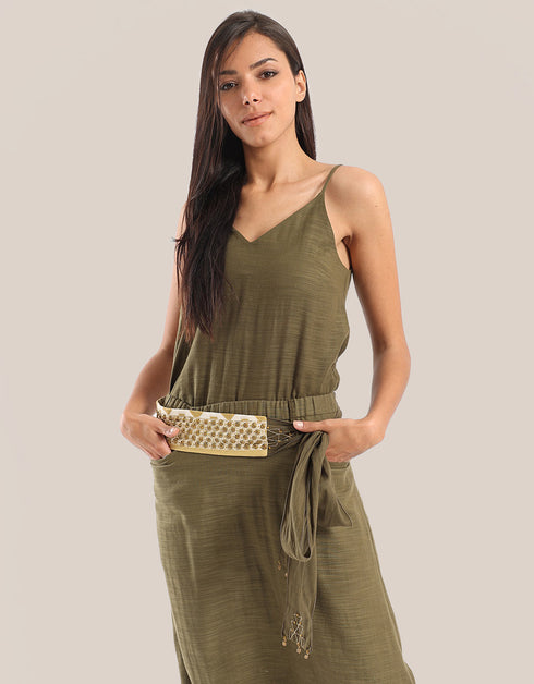 Belt with embroidered and metal accessories