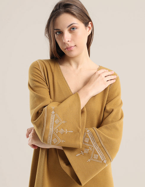 Reversible long aline dress with V neckline and embroidery on sleeves