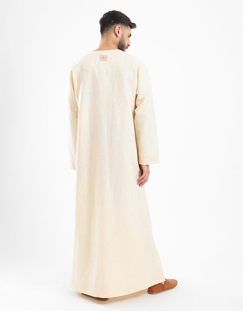 Long linen jellabiya with round neckline with slits