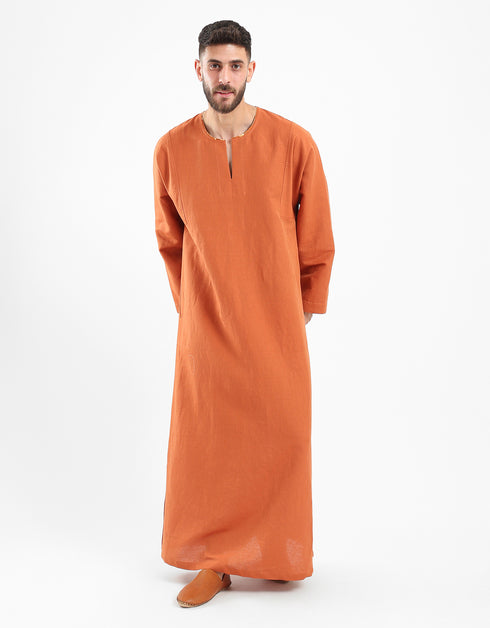 Long linen jellabiya with round neckline with slits