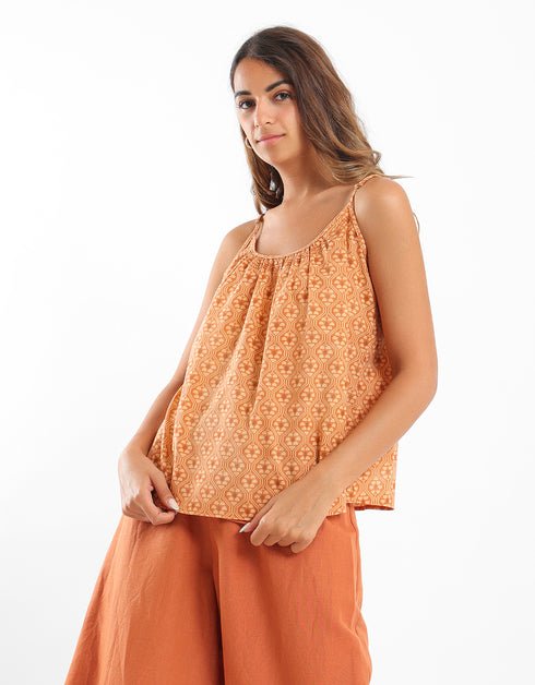 Printed tank top with thin adjustable straps