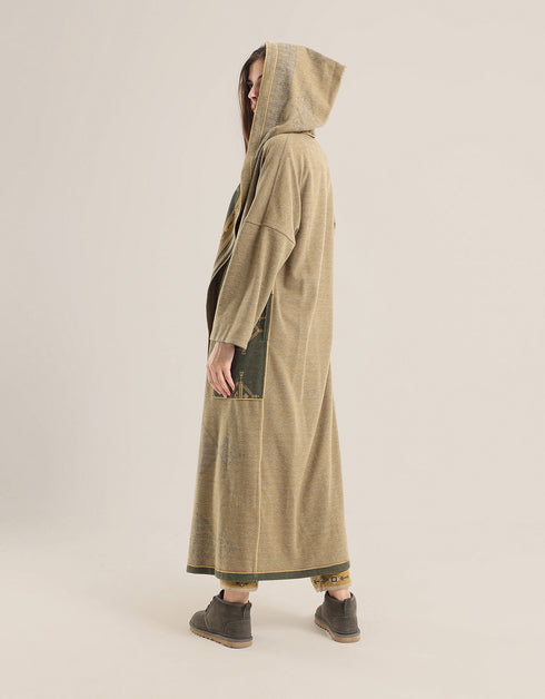 Doubleface long coat in patterned jacquard with hoodie