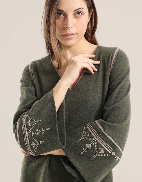 Reversible long aline dress with V neckline and embroidery on sleeves