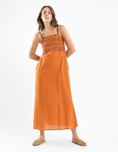 Adjustable embroidered long cotton dress
