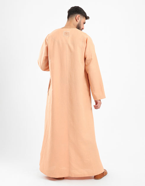 Long linen jellabiya with round neckline with slits