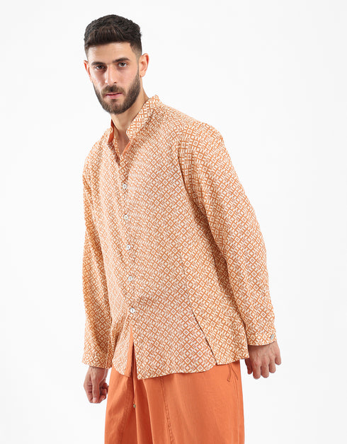 Shirt in cotton printed gauze with stand up collar