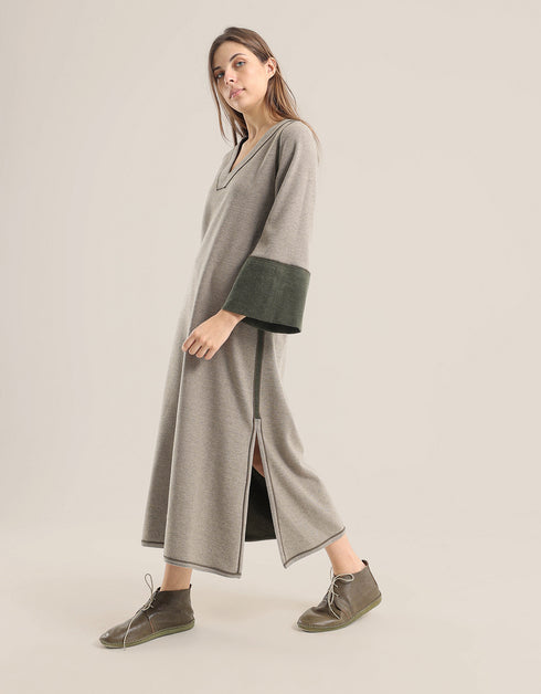 Reversible long aline dress with V neckline and embroidery on sleeves