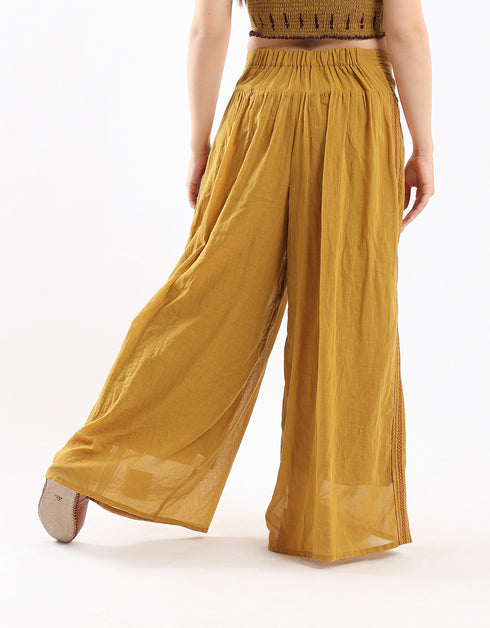 Wide leg drape waistline pants with embroidery