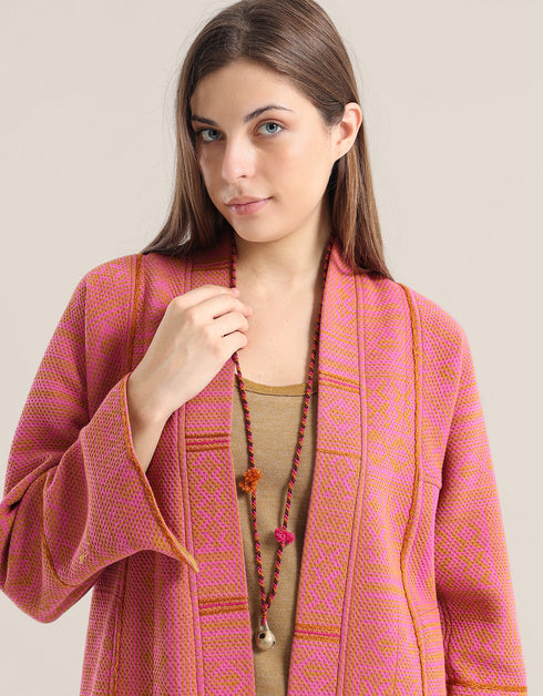 Long 3 colors braided yarn necklace with copper bell pendant and tassels