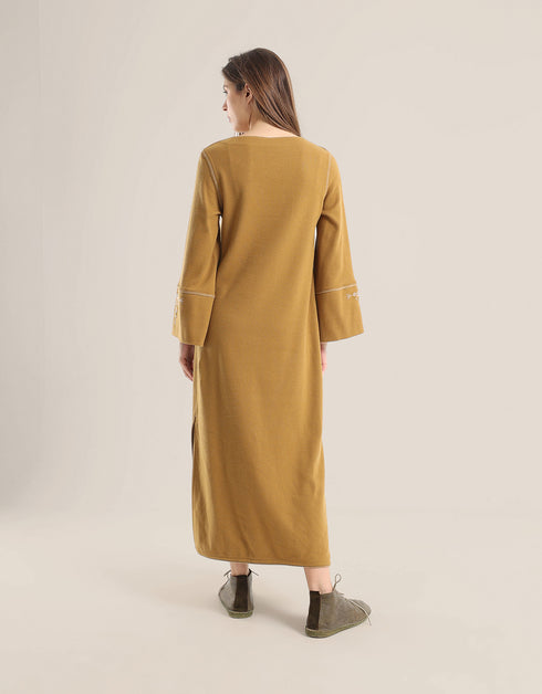 Reversible long aline dress with V neckline and embroidery on sleeves