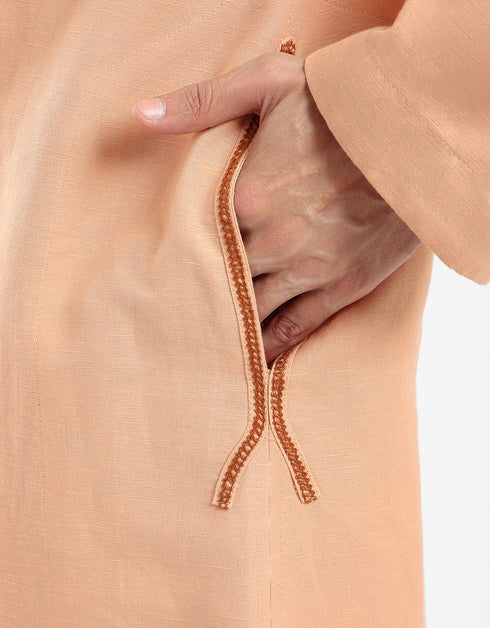 Long linen jellabiya with round neckline with slits