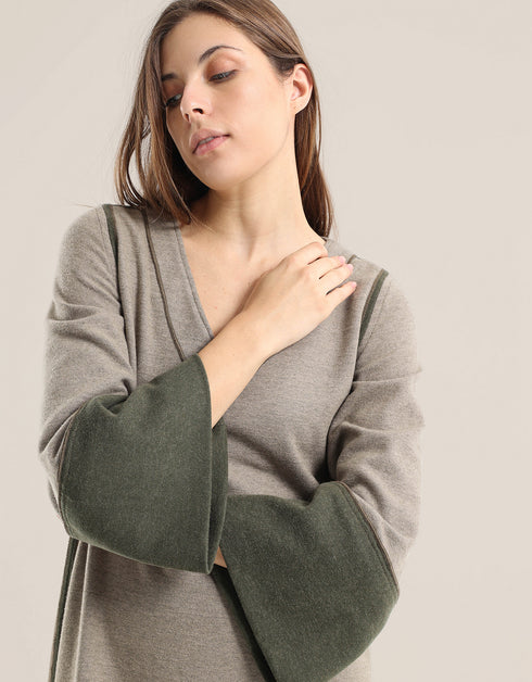 Reversible long aline dress with V neckline and embroidery on sleeves