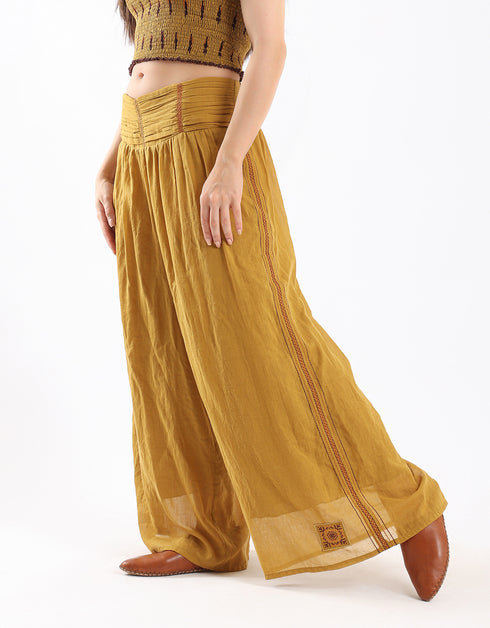 Wide leg drape waistline pants with embroidery