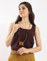 Leather long necklace in leather with embroidered cotton pendant