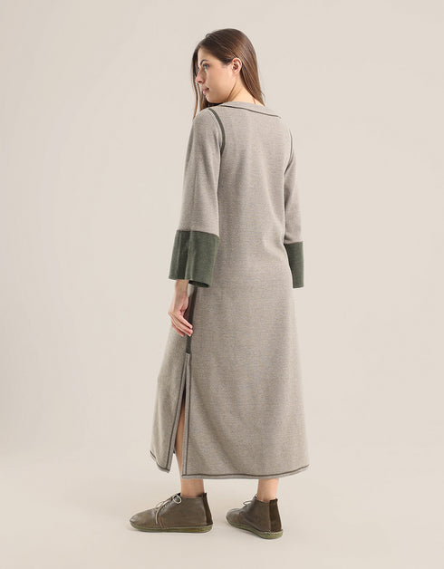 Reversible long aline dress with V neckline and embroidery on sleeves