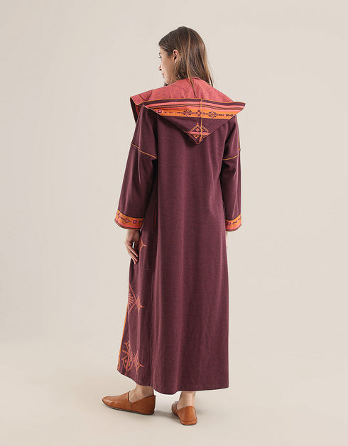 Doubleface long coat in patterned jacquard with hoodie