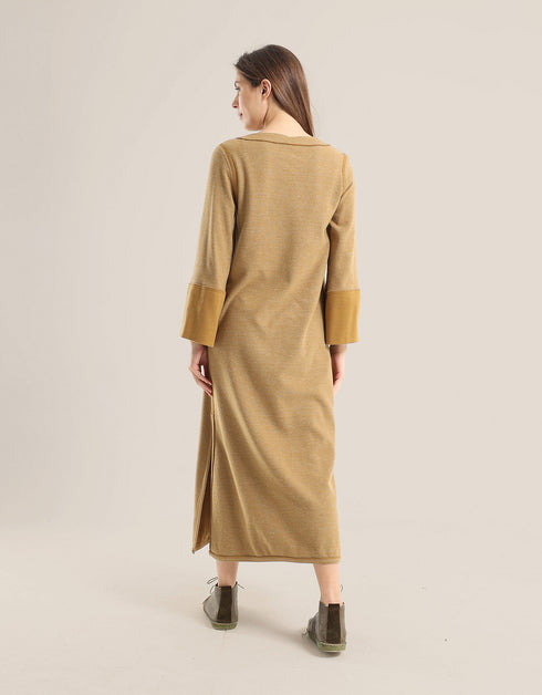 Reversible long aline dress with V neckline and embroidery on sleeves