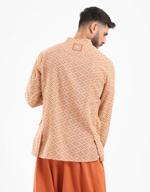 Shirt in cotton printed gauze with stand up collar