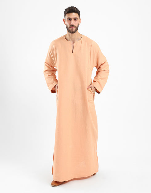 Long linen jellabiya with round neckline with slits