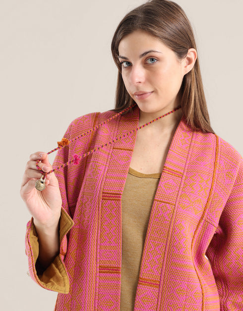 Long 3 colors braided yarn necklace with copper bell pendant and tassels