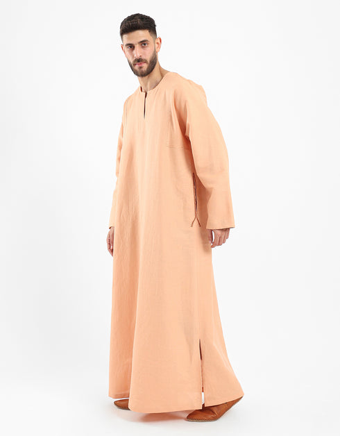 Long linen jellabiya with round neckline with slits
