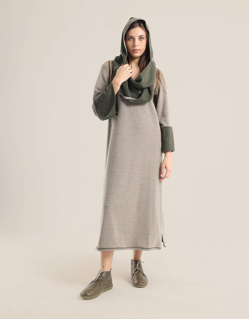 Reversible long aline dress with V neckline and embroidery on sleeves