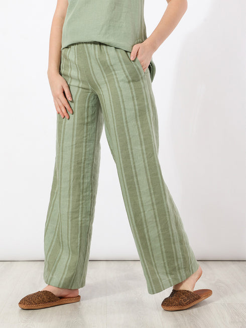 Straight pants in striped linen