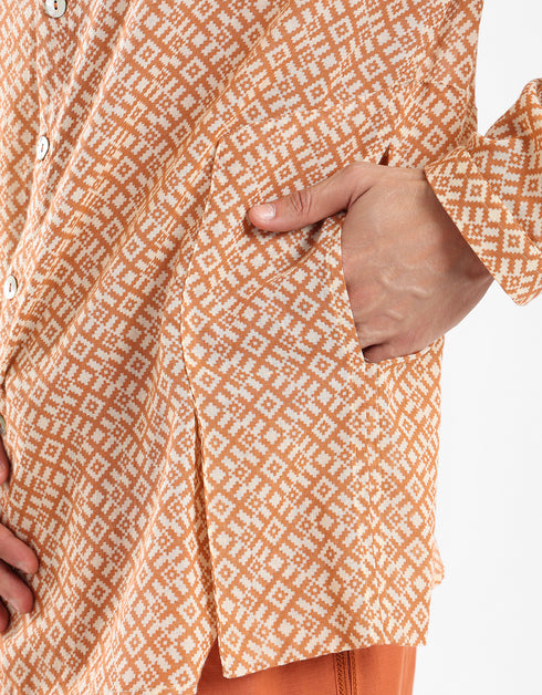 Shirt in cotton printed gauze with stand up collar