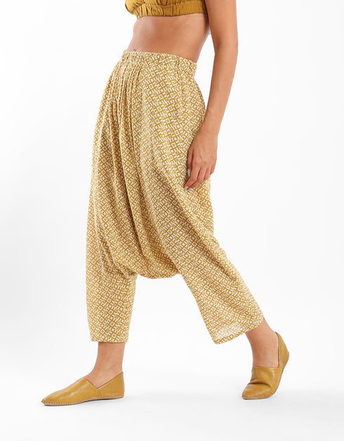 Printed harem pants with pleats on the front and back