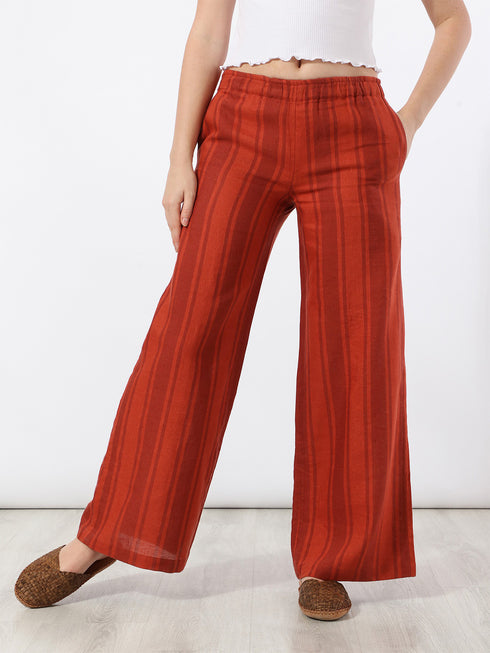 Straight pants in striped linen
