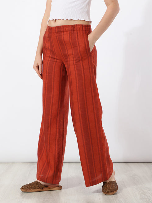Straight pants in striped linen