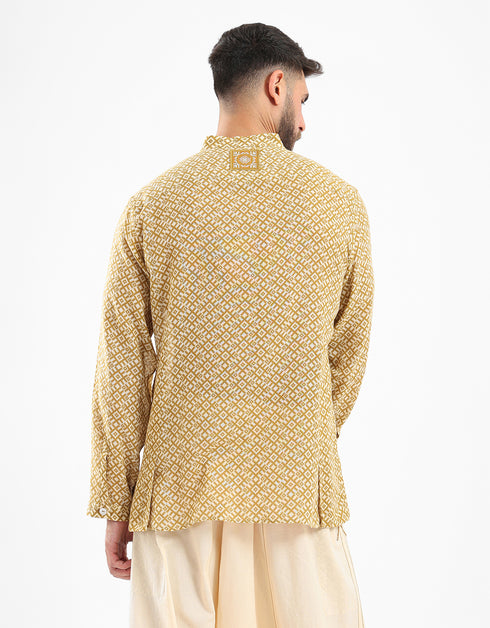 Shirt in cotton printed gauze with stand up collar